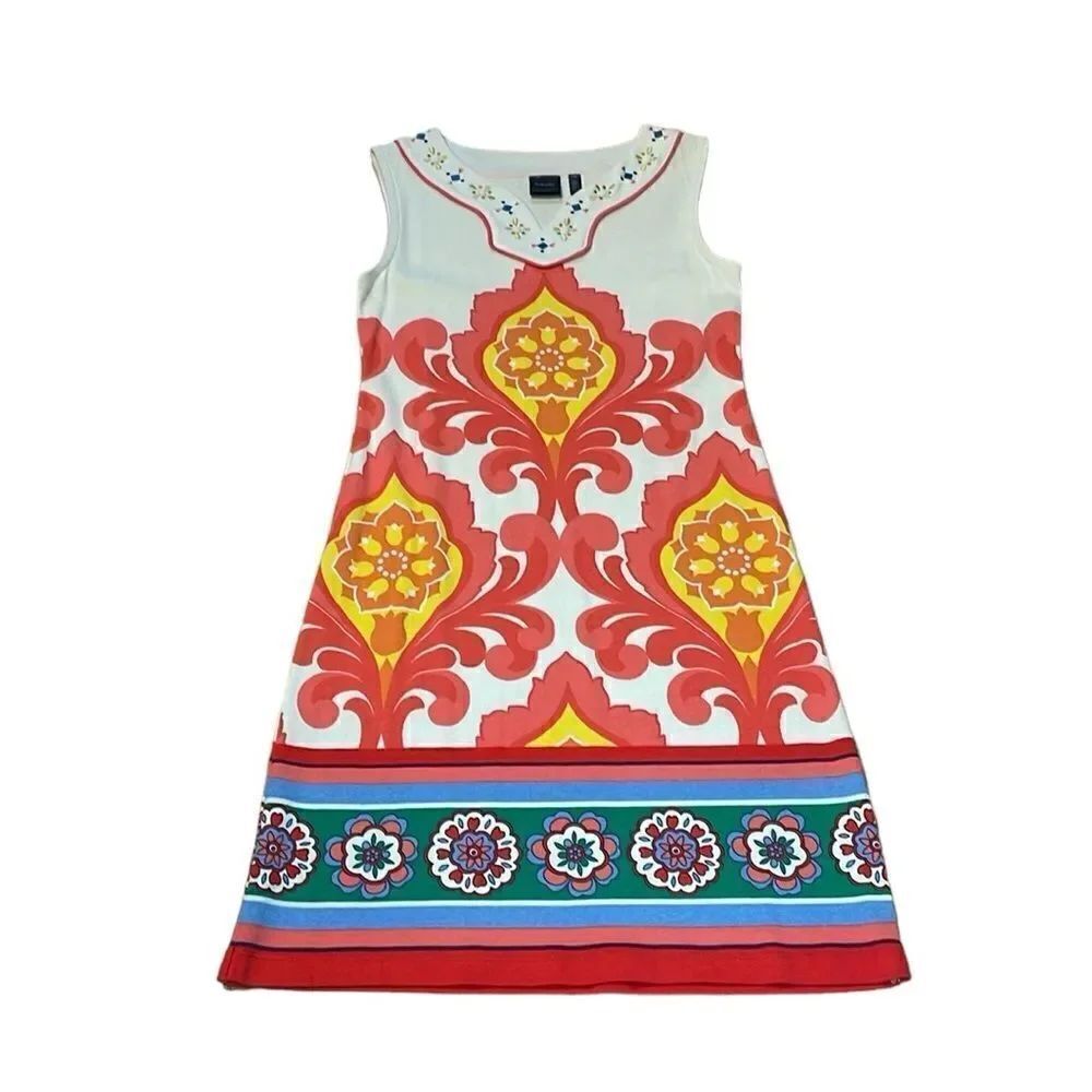 Rafaella Coral Yellow Geo Floral Sheath Dress,   sleeveless, summer, Small